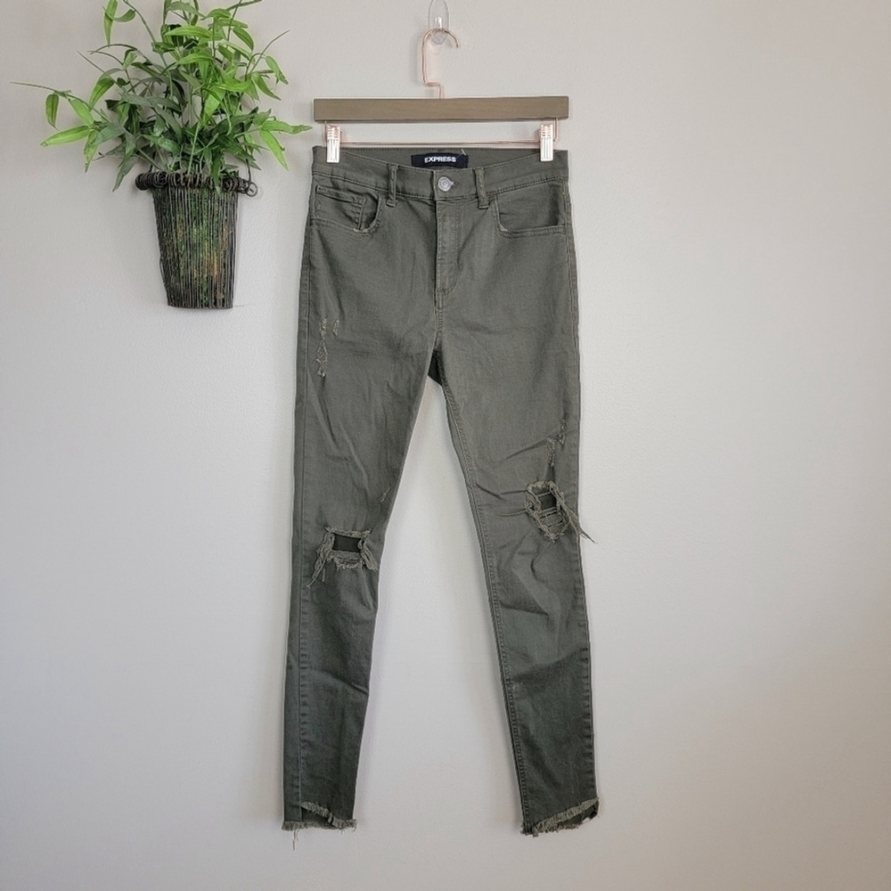 Express 2 Legging High Rise Distressed Frayed Green Skinny Soft Jegging Jeans